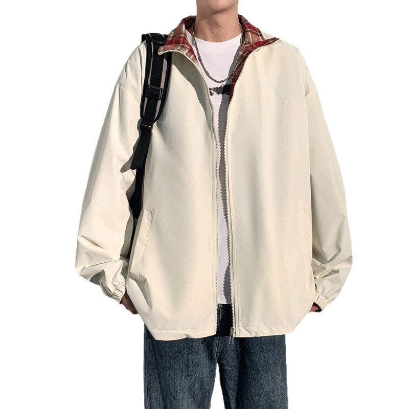 Herren Oversize‑Utility Übergangsjacke mit Reißverschluss und kontrastierendem Karo‑Innenkragen Nord Taschen