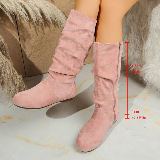 Damen Kniehohe Slouch-Stiefel aus Veloursimitat mit Innenseiten-Reißverschluss und flacher Komfortsohle Nord Taschen