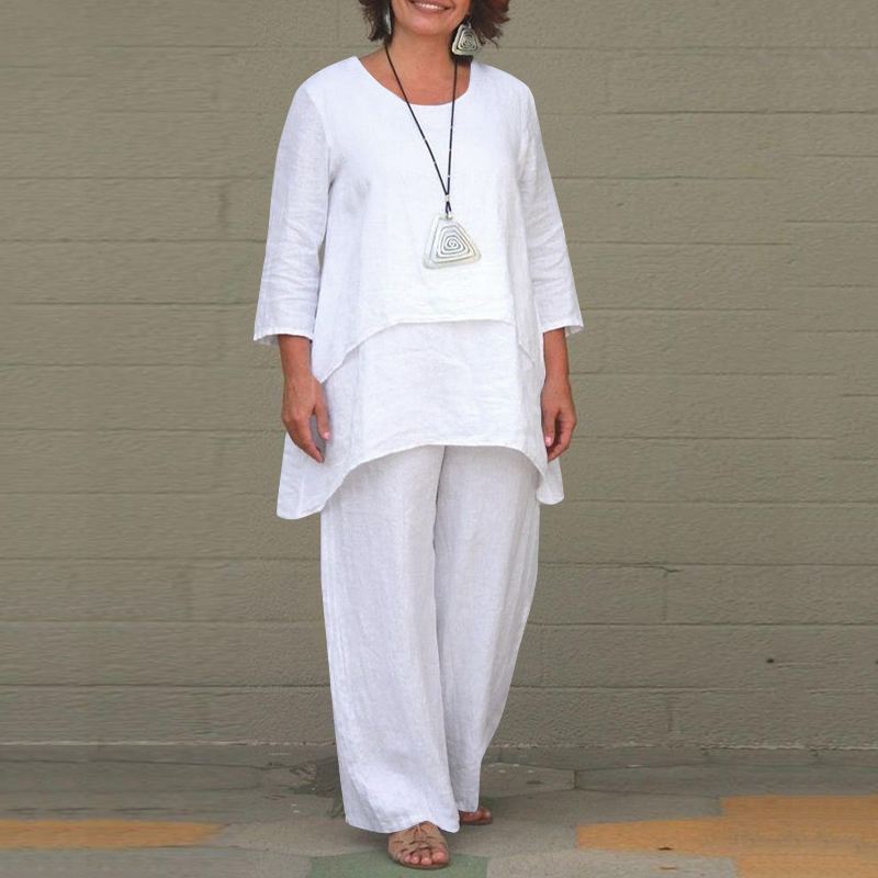 Damen Lässiges Zweiteiliges Leinen-Set mit Oversize-Tunika und weiter Palazzo-Hose Nord Taschen