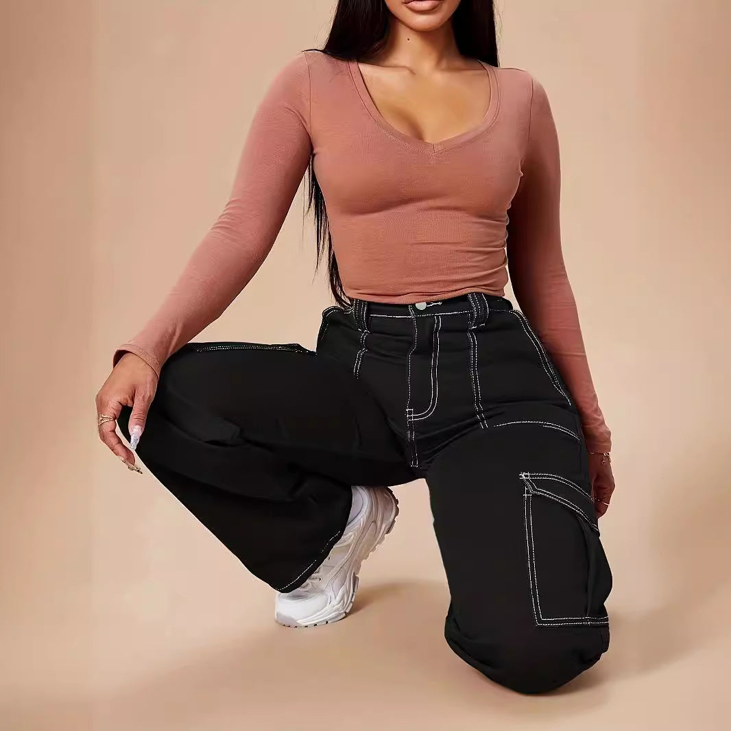 Damen Utility-Cargo-Hose mit weitem Bein, hoher Taille und kontrastierenden Ziernähten Nord Taschen