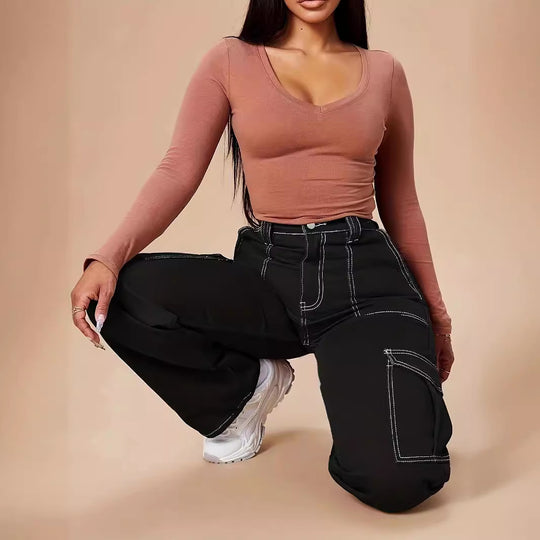 Damen Utility-Cargo-Hose mit weitem Bein, hoher Taille und kontrastierenden Ziernähten Nord Taschen