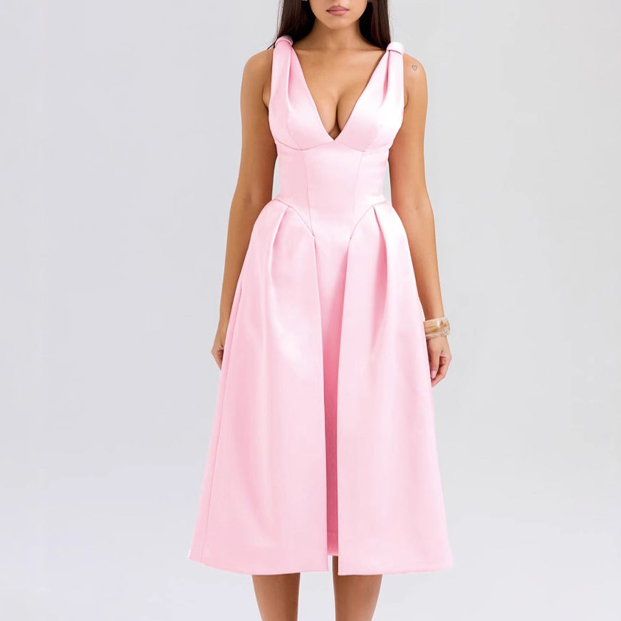 Damen Maxikleid mit elegantem V-Ausschnitt und strukturiertem Rock Nord Taschen
