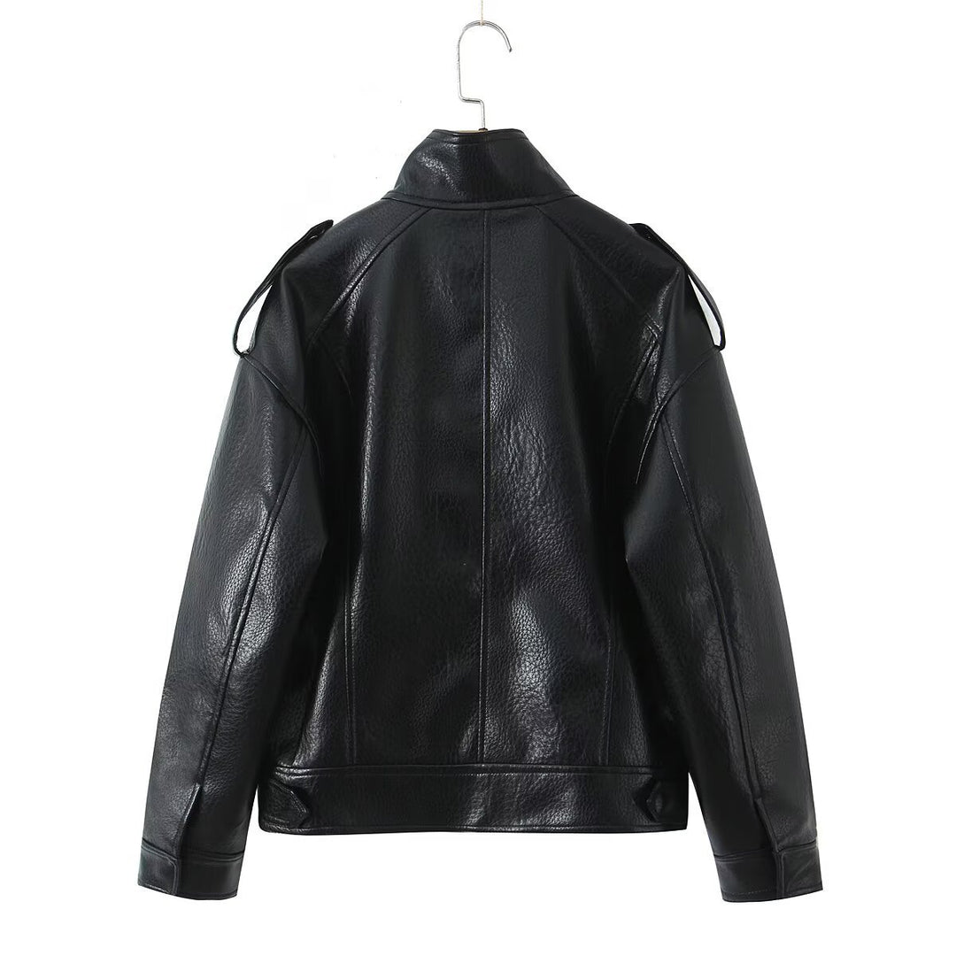 Damen Cropped Bomberjacke aus Kunstleder mit hohem Stehkragen und Schulterklappen Nord Taschen