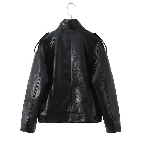Damen Cropped Bomberjacke aus Kunstleder mit hohem Stehkragen und Schulterklappen Nord Taschen