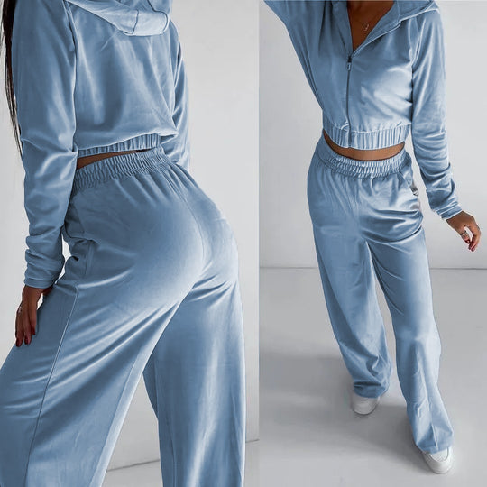 Damen Cropped Velours-Loungewear-Set mit Reißverschluss, Kapuze und High-Waist Jogpant Nord Taschen