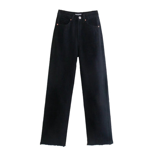 Damen Hochtaillierte weit geschnittene Jeans mit weitem Bein, hoher Taille und rohem Saum Nord Taschen