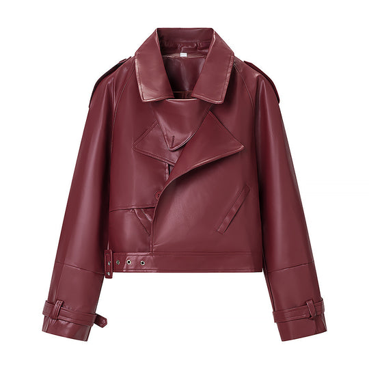 Damen Kurz geschnittene Bikerjacke aus Lederoptik mit asymmetrischer Reversklappe und Taillenriegel Nord Taschen