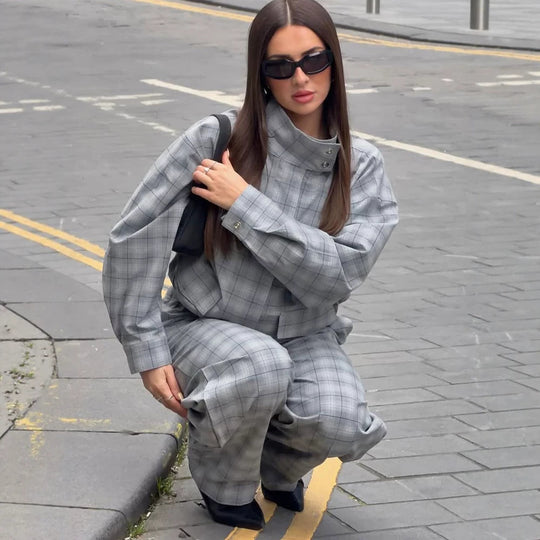 Damen Oversize Karo-Zweiteiler aus Tailormix mit Stehkragen Nord Taschen