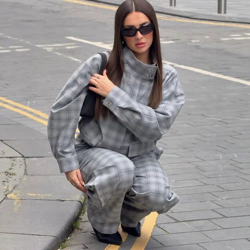 Damen Oversize Karo-Zweiteiler aus Tailormix mit Stehkragen Nord Taschen