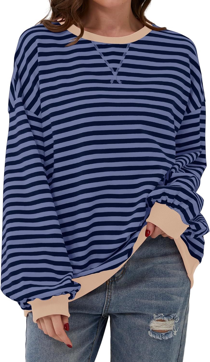 Damen lässiger Oversized Sweatshirt mit bunten Streifen und Kapuzenkordel