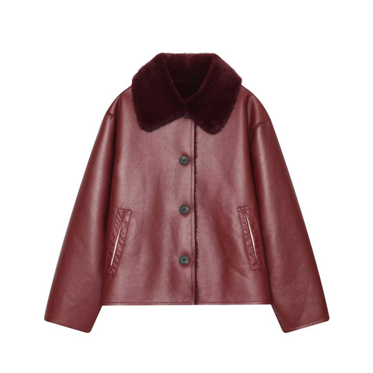 Damen Kurzjacke im Aviator-Style aus Kunstleder mit breitem Fellkragen Nord Taschen