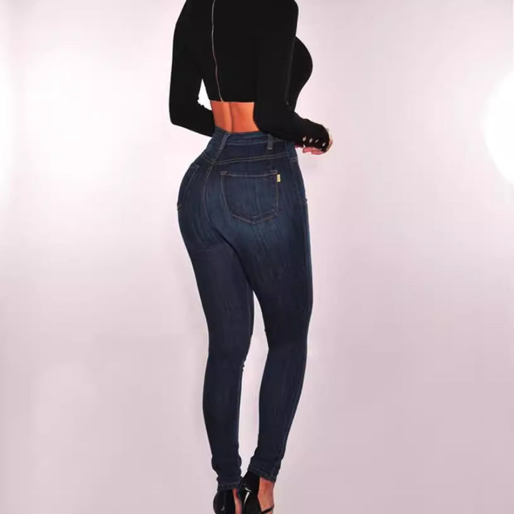 Damen hochgeschnittene Skinny-Jeans mit sichtbarer Knopfleiste und figurformendem Stretch Nord Taschen