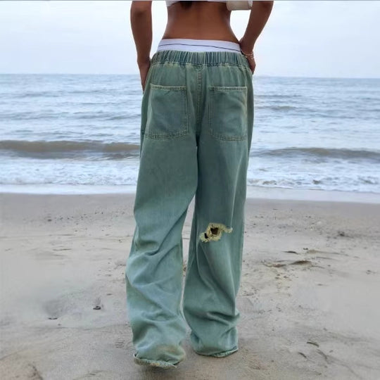 Damen Weite Vintage-Denim-Hose mit elastischem Tunnelzugbund und bodenlangem Baggy-Schnitt Nord Taschen