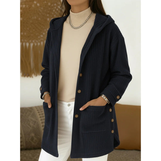 Damen Langer Kapuzen-Strickcardigan mit Rippenstruktur, Knopfleiste und Seitentaschen Nord Taschen