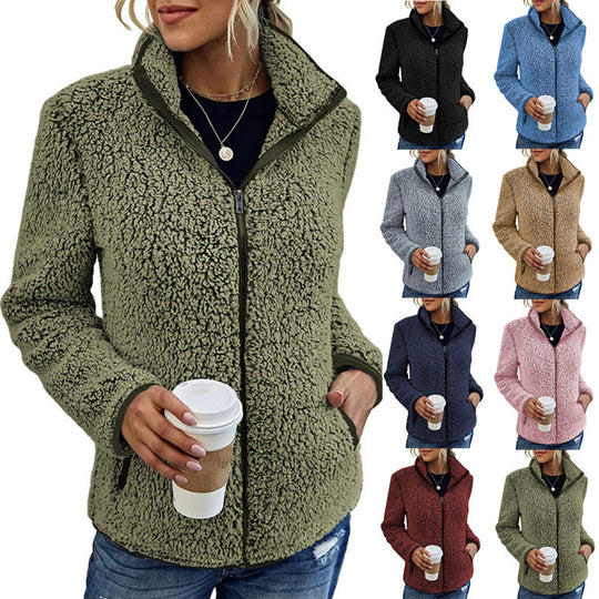 Damen kuschelige Teddy-Fleecejacke mit Stehkragen und Reißverschluss Nord Taschen