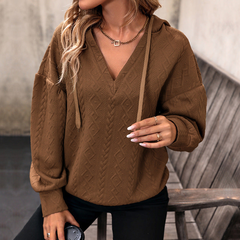 Damen Gemütlicher Strickpullover mit V-Ausschnitt und Kapuze Nord Taschen