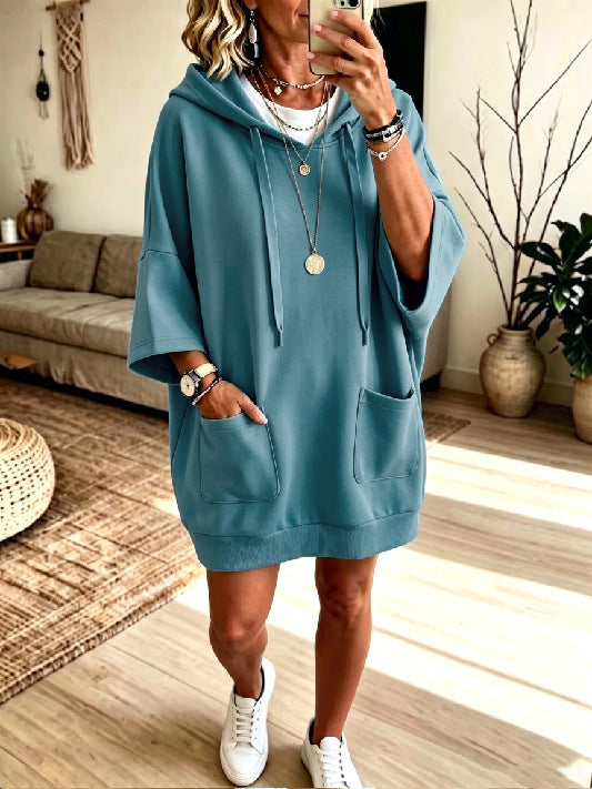 Damen Oversize Hoodie-Kleid mit Kängurutaschen und halblangen Ärmeln Nord Taschen