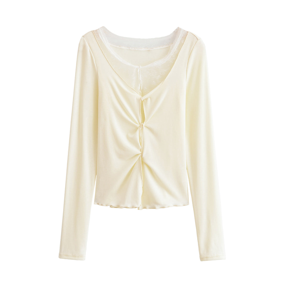 Damen Langarm-Feinjersey-Top mit Spitzen-Einsatz, Knotenfront und Raffung Nord Taschen