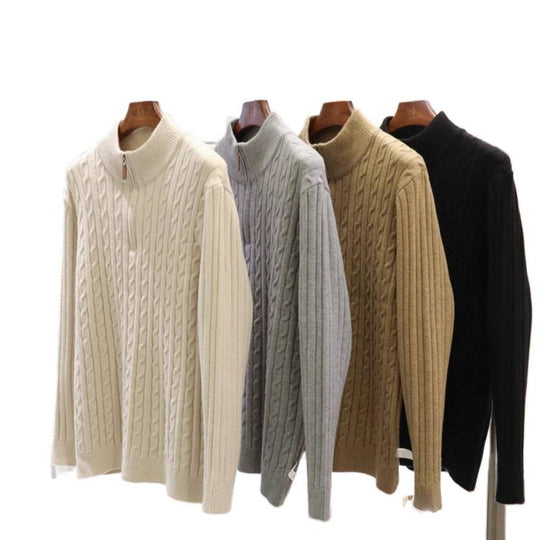 Herren Feinstrick-Pullover mit Zopfmuster und Halbzip-Stehkragen Nord Taschen