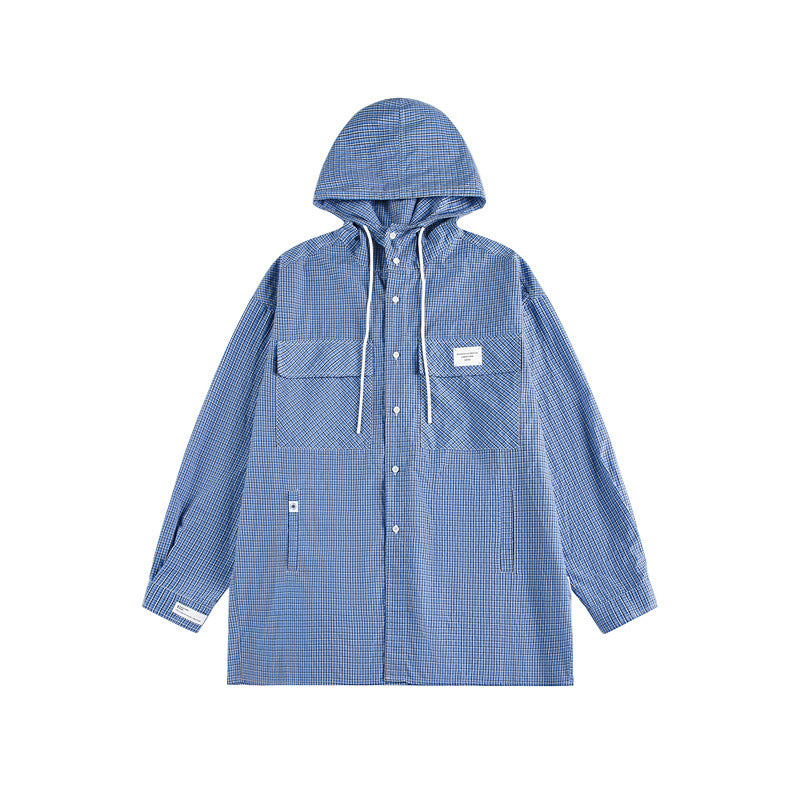 Unisex Kapuzen-Overshirt im karierten Longline-Schnitt mit Pattentaschen und Druckknopfleiste Nord Taschen