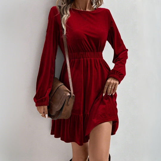 Damen Samt‑Minikleid mit elastischer Taillennaht und stufigem Volantrock Nord Taschen