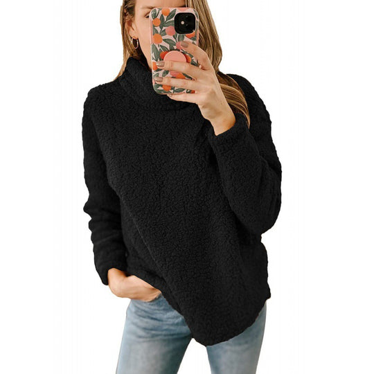 Damen Kuscheliger Oversize‑Teddy‑Pullover mit Stehkragen und gerundetem Saum Nord Taschen