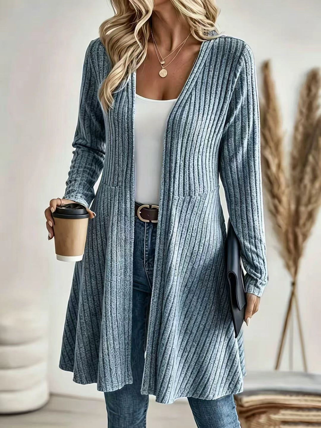 Damen Langer Gerippter Cardigan mit offenem Front-Design und leichtem Fall Nord Taschen