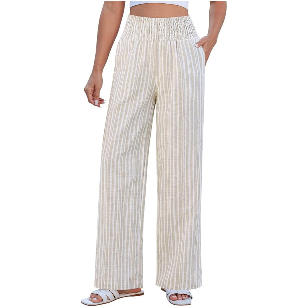 Damen Leichte Leinenhose mit weitem Bein, hoch geschnittener geraffter Gummibund und Seitentaschen Nord Taschen