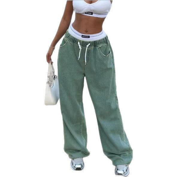 Damen Weite Vintage-Denim-Hose mit elastischem Tunnelzugbund und bodenlangem Baggy-Schnitt Nord Taschen