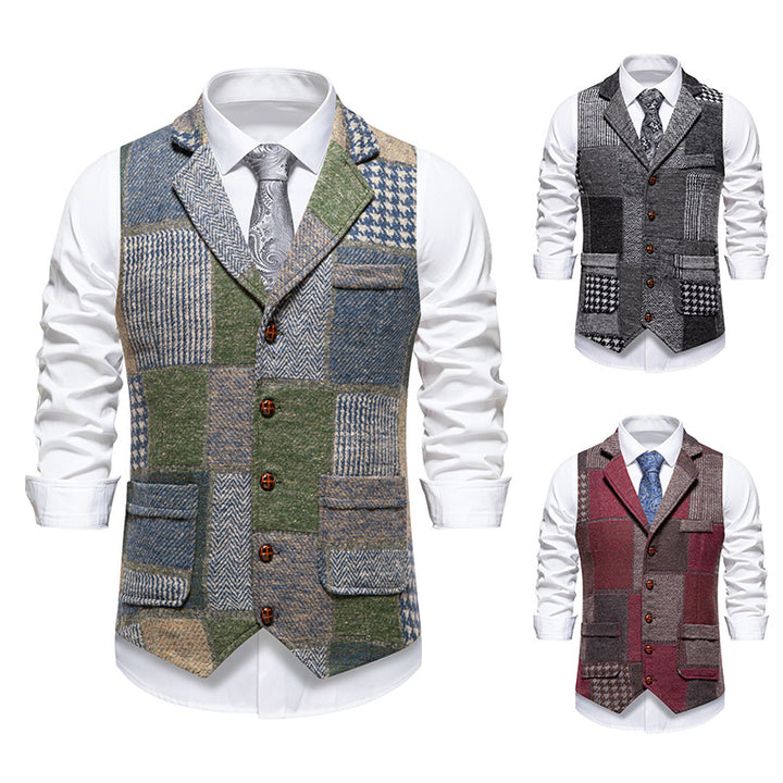 Herren Patchwork Weste mit Reverskragen Knopfleiste und aufgesetzten Taschen Nord Taschen