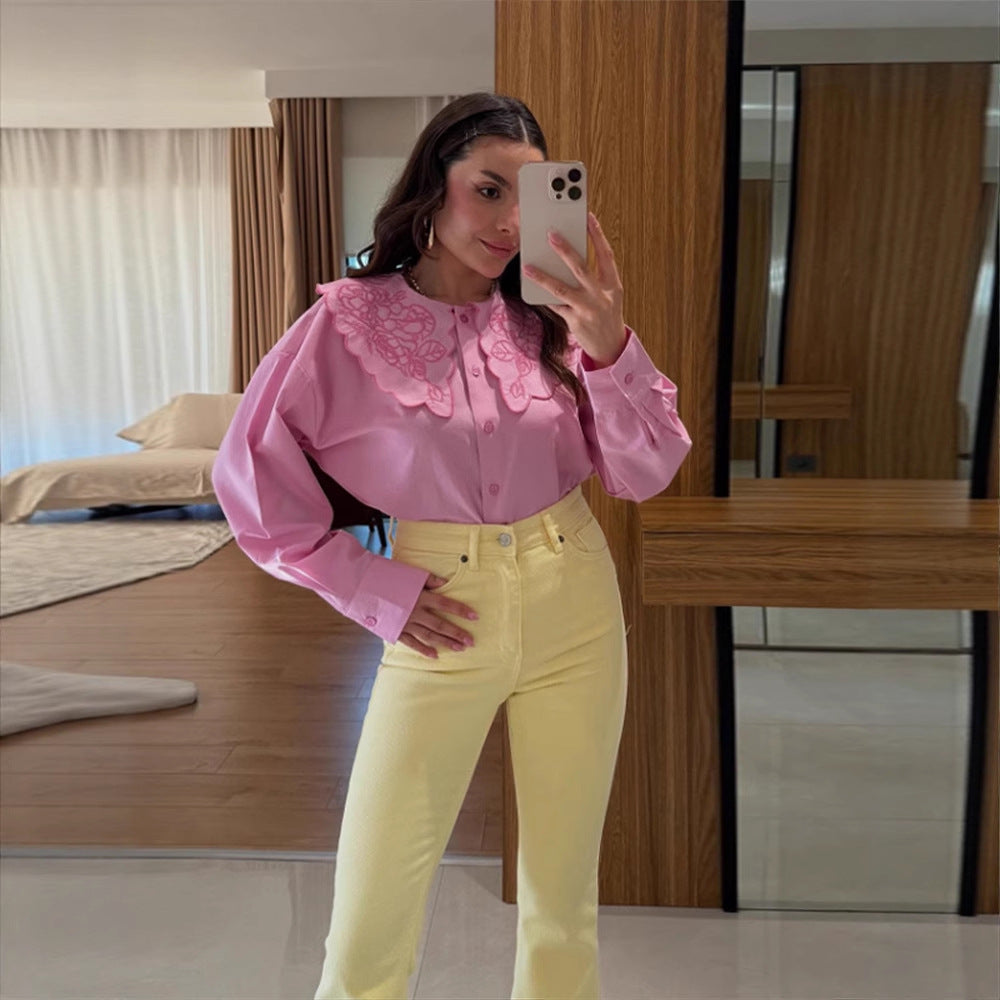 Damen Bluse mit übergroßem besticktem Spitzenkragen, Ballonärmeln & kastiger Silhouette Nord Taschen