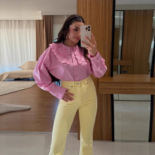 Damen Bluse mit übergroßem besticktem Spitzenkragen, Ballonärmeln & kastiger Silhouette Nord Taschen