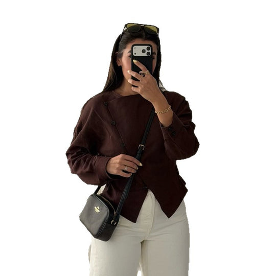 Damen Asymmetrische taillierte Blusenjacke aus Leinen mit diagonalem Knopfverschluss Nord Taschen