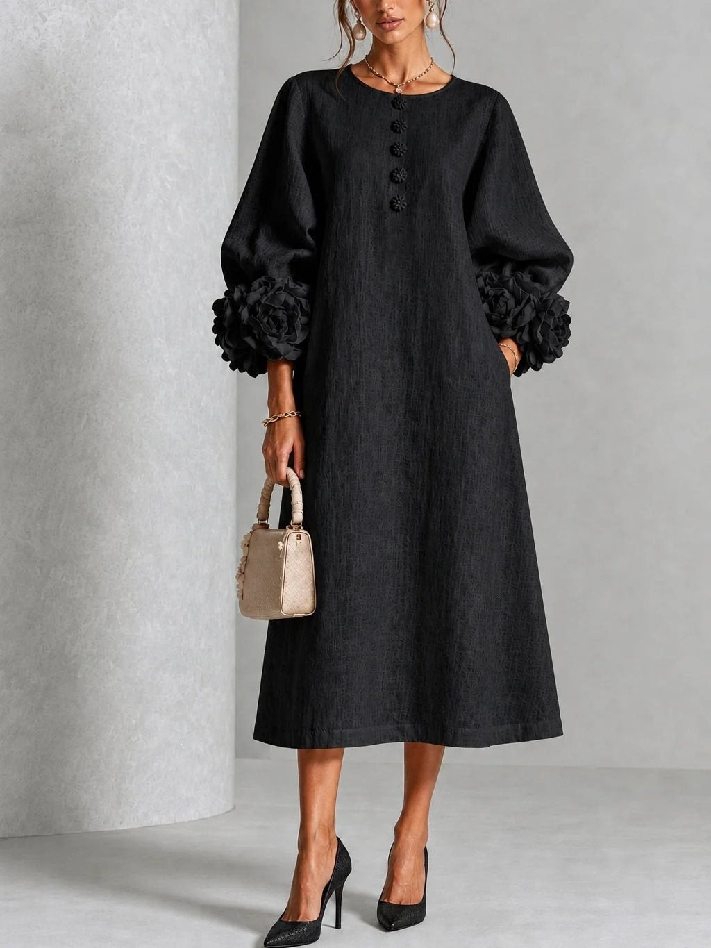 Damen Midikleid aus Leinen mit Ballonärmeln und 3D-Blütenmanschetten Nord Taschen