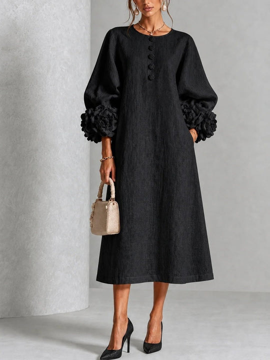 Damen Midikleid aus Leinen mit Ballonärmeln und 3D-Blütenmanschetten Nord Taschen