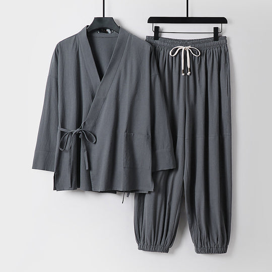 Unisex Entspanntes Kimono-Set mit Wickeljacke, dreiviertelärmeln und elastischer Kordelharemshose Nord Taschen