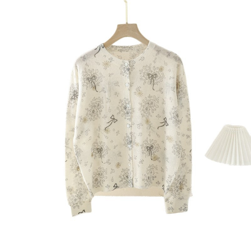 Damen Feiner Knopfcardigan mit zartem Blumen‑Sketchprint und Rundhalsausschnitt Nord Taschen