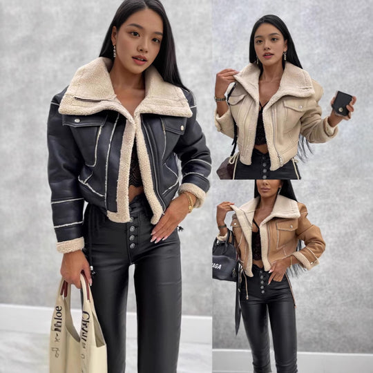 Damen Kurz geschnittene Bikerjacke mit Teddyfutter und Kontrastnähten Nord Taschen