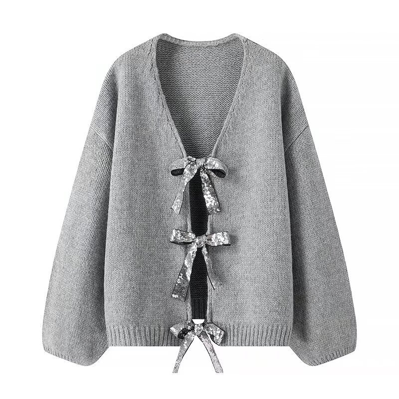 Damen Oversize-Strickcardigan mit V‑Ausschnitt und Pailletten‑Schleifen Nord Taschen