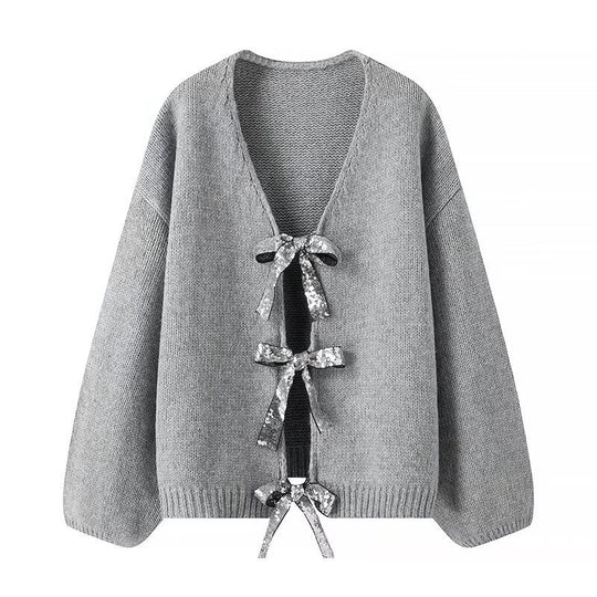 Damen Oversize-Strickcardigan mit V‑Ausschnitt und Pailletten‑Schleifen Nord Taschen
