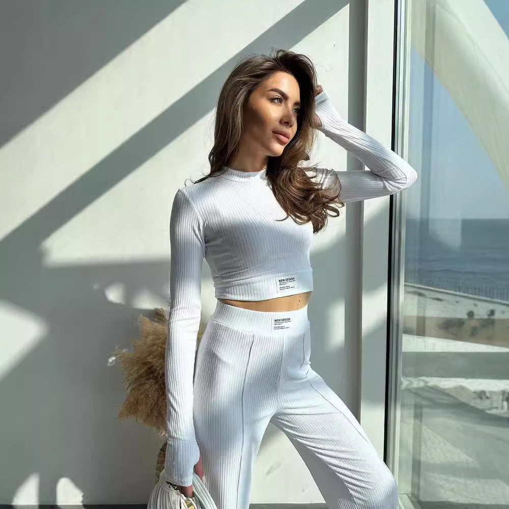Damen Geripptes Zweiteiliges Loungewear-Set mit kurzem Langarmtop und High-Waist Weitbein-Hose Nord Taschen