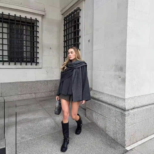 Damen 3500+ zweilagiger Wollmix‑Cape‑Poncho mit Knopfkragen und ausgestellten Ärmeln Nord Taschen