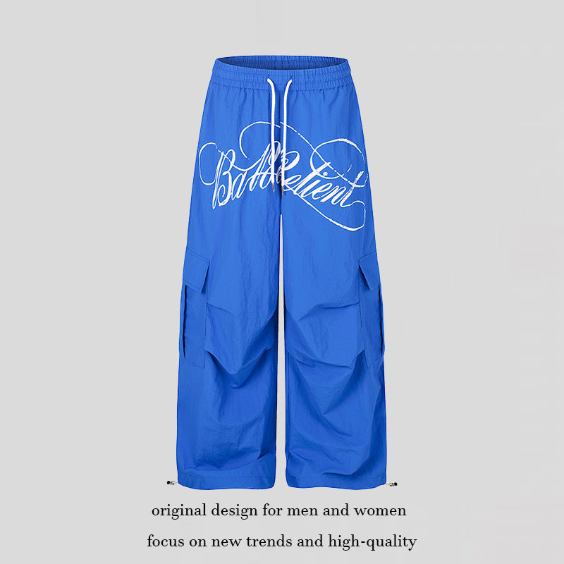 Damen Weite Palazzo-Cargohose mit elastischem Tunnelzugbund, großen Klappentaschen und Statement-Schriftprint Nord Taschen