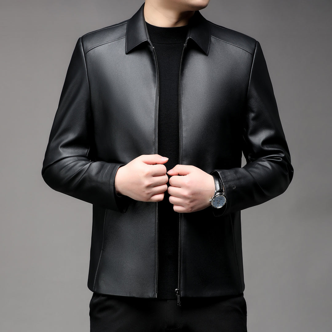 Herren Glatte Kunstleder-Zipjacke mit Hemdkragen und schlanker Silhouette Nord Taschen
