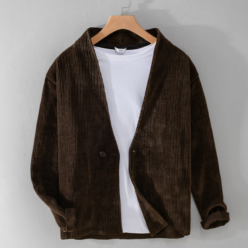 Herren Cord-Overshirt-Sakko mit V-Ausschnitt und Ein-Knopfverschluss Nord Taschen