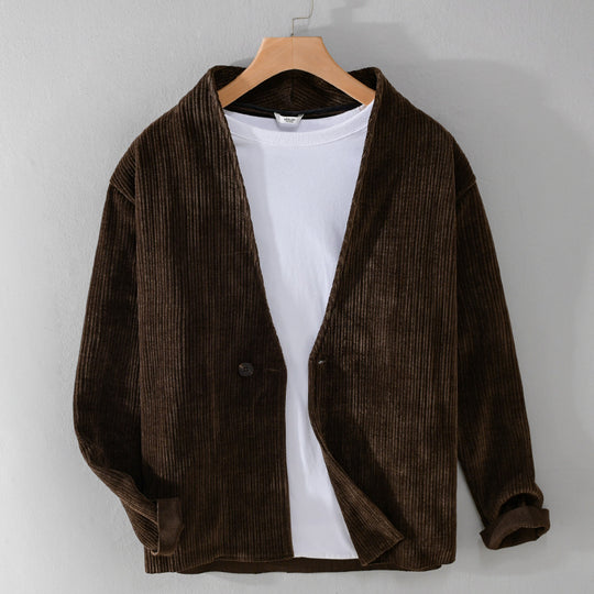 Herren Cord-Overshirt-Sakko mit V-Ausschnitt und Ein-Knopfverschluss Nord Taschen