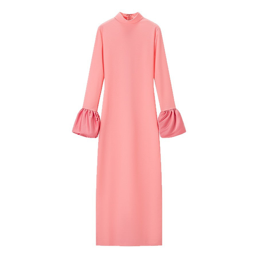 Damen Maxikleid mit Stehkragen und gerafften Volantärmeln Nord Taschen