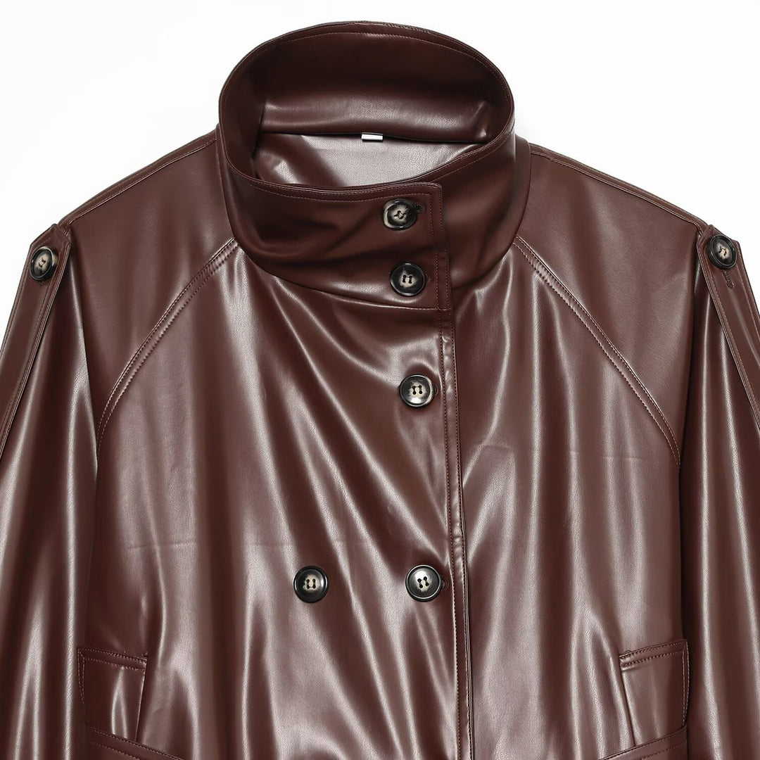 Damen Cropped Kunstlederjacke mit hochgeschlossenem Funnelkragen und Taillenband Nord Taschen