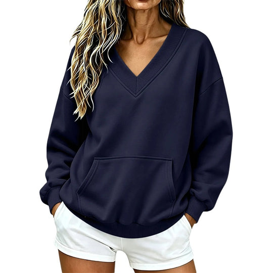 Damen Oversize V-Ausschnitt Sweatshirt mit Kängurutasche und geripptem Saum Nord Taschen