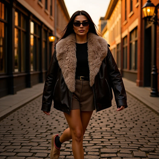 Damen Kurzjacke im Aviatorstil aus Lederoptik mit extragroßem Kunstfellkragen und metallischem Reißverschluss Nord Taschen